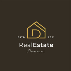 Letter D logo with real estate house icon luxury line style, Vector illustrations