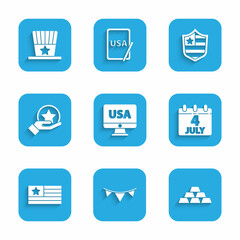 Set USA on monitor, Carnival garland with flags, Gold bars, Calendar date July 4, American, Independence day, Shield stars and Patriotic top hat icon. Vector