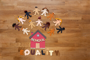 Multi-ethnic paper boys and girls and a cardboard school with the message 