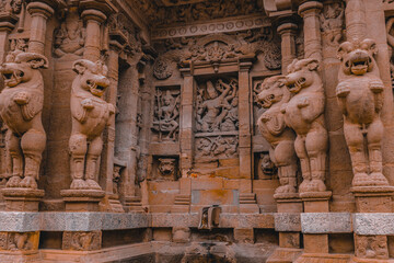 Beautiful Pallava architecture and exclusive sculptures at The Kanchipuram Kailasanathar temple, Oldest Hindu temple in Kanchipuram, Tamil Nadu - One of the best archeological sites in South India