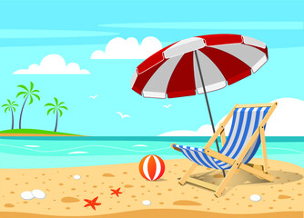 Fototapeta na wymiar Vector cartoon style background of sea shore. Good sunny day. Deck chair and beach umbrella on the sand coast.