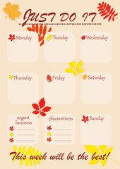 modern weekly planner with affirmative quotes, fall leaves 