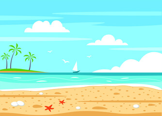 Fototapeta na wymiar Vector cartoon style background of sea shore. Good sunny day.
