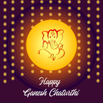 Poster of Happy Ganesh Chaturthi. Outline of God Ganesh. Colorful background decorated with flowers and circles