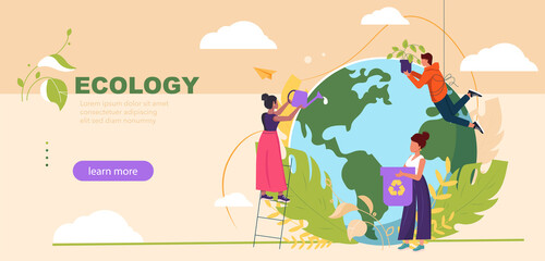 People take care about planet ecology landing page. Cleaning, green planting and watering. Protect Nature and Ecology banner. Earth Day, save energy, nature care concept. Vector colorful illustration