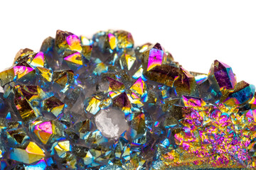 Macro mineral stone Titanium Quartz, Flame Aura Quartz on a white background