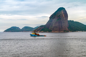 View of the entrance to Guanabara Bay at dusk. Rio de Janeiro, Brazil. In the background of the...