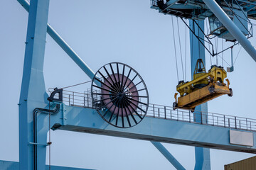 STS Container Crane with Cable Reel, Spreader and Operators Cabin at the Docks