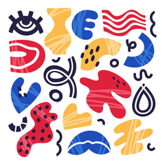 Naklejka premium Abstract hand drawn doodle shapes. Contemporary dotted elements, geometric trendy bright shapes, colorful various abstract symbols isolated vector illustration set