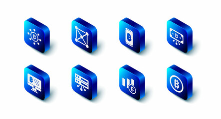 Naklejka premium Set Blockchain technology, Mining bitcoin from mobile, Bitcoin with circuit, Pie chart infographic, Server, monitor and icon. Vector