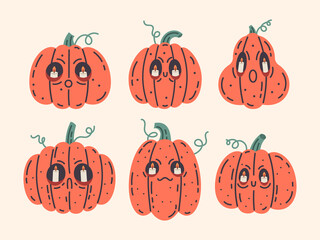 Halloween spooky pumpkin autumn characters. Hand drawn scary fall harvest pumpkins, vector Halloween vegetable characters set