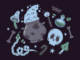 Spooky Halloween witchcraft elements. Skull, poison, witch cauldron and magic wand hand drawn doodle scary autumn vector icons set