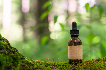 Herbal droper bottle on moss. Bokeh background provides, copy-space. Alternative Medicine and Remedium.