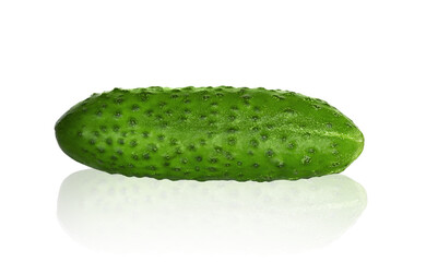 Isolated on a white background, a green fresh cucumber.