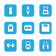 Set Online fitness and training, Kettlebell, Jump rope, Bathroom scales, Dumbbell, Sports nutrition, Weight and Fitness shaker icon. Vector