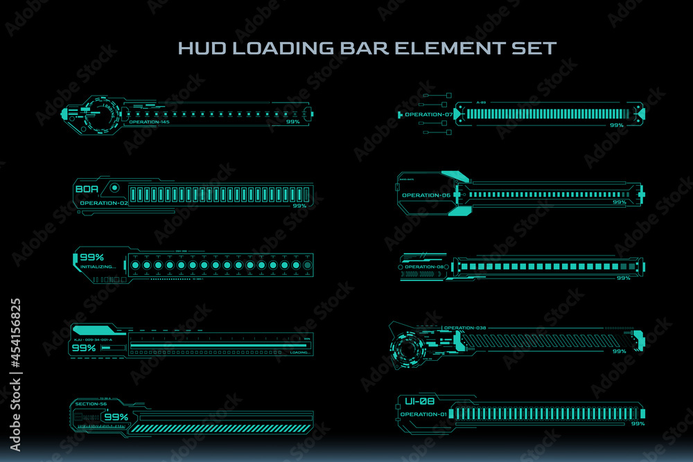 Poster HUD Futuristic Loading Bars UI Processing Status Set. Digital Scifi Technology Number Percentage Progress Display Vector