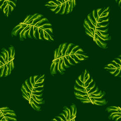 Exotic palm foliage seamless pattern with random green monstera leaf shapes. Black background.