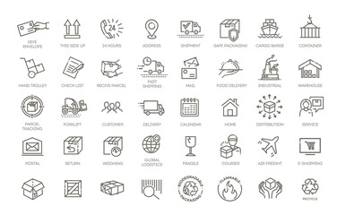 Collections of icons representing shipping, logistics, customer service, refunds and more