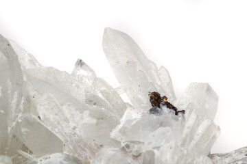 Macro mineral stone Drusus quartz with sphalerite in the rock a white background