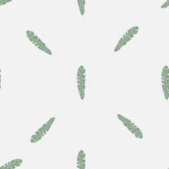 Minimalistic style seamless pattern with doodle little palm leaves ornament. Light pastel background.