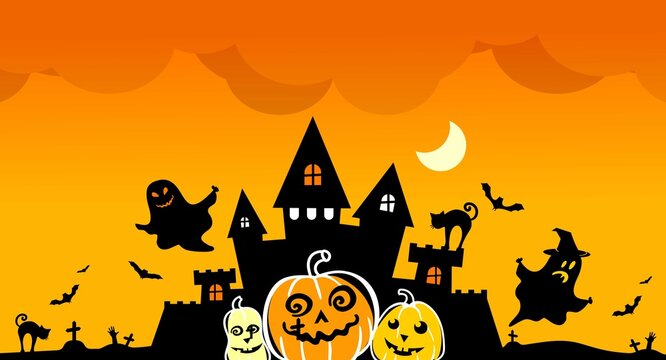 Halloween banner on an orange background of an old castle and ghosts. vector illustration.