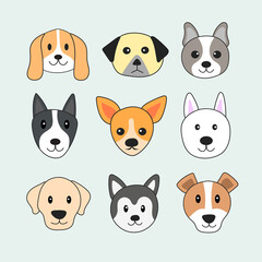 Cute Dog Faces Clipart design set. Different Dog breeds vector template. 