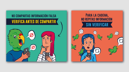 Ilustración vectorial personas con celular. Hombre con cabeza de loro. No compartir información falsa. Aviso colorido para redes sociales. Mujer con celular.
