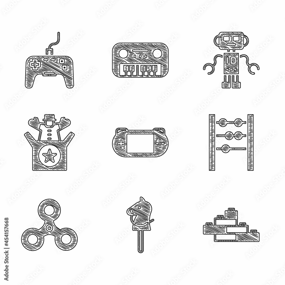 Poster set portable video game console, toy horse, building block bricks, abacus, fidget spinner, jack the 