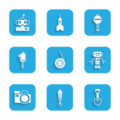 Set Yoyo toy, Sword, Shovel, Robot, Photo camera, Toy horse, Rattle baby and icon. Vector