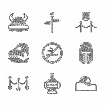 Set No Smoking, Ancient amphorae, Human skull, Medieval iron helmet, Rope barrier, Dinosaur, Picture and rope and Viking horned icon. Vector