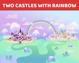 FairyTale cartoon castle. Cute cartoon castle. Fantasy fairy tale palace with rainbow. Vector illustration.