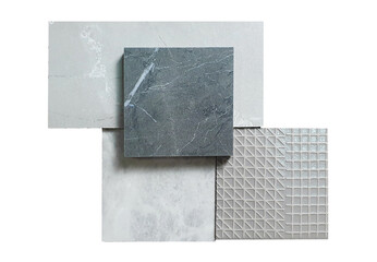 interior stone and pattern tile samples consists grey emperado marble, black marble, graphic pattern textures isolated on white background with clipping path. floor or wall tile collection.