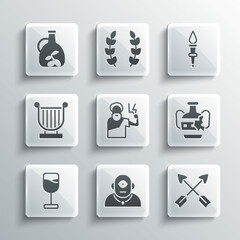 Set Cyclops, Crossed arrows, Broken amphorae, Zeus, Wine glass, Ancient lyre, Bottle of olive oil and Torch flame icon. Vector