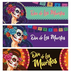 set of banners Dia de los muertos, Day of the Dead, Mexican holiday, festival. Female skull with Katarina make-up with a flower crown. Sugar skull poster, banner and card