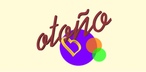 Obraz premium Minimalist AUTUMN in Spanish. AUTUMNAL HEART. I love the fall season. Symbol inserted in the text. Cross design elements. Retro toned style. Digital 3D illustration. Elegant soft beige fund.