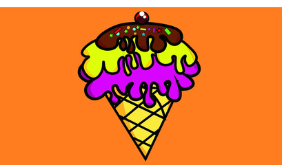 Melting ice cream of different flavor in the waffle cone isolated on orange background. Comic character in cartoon style logo for T shirts.Ice Cream logo.