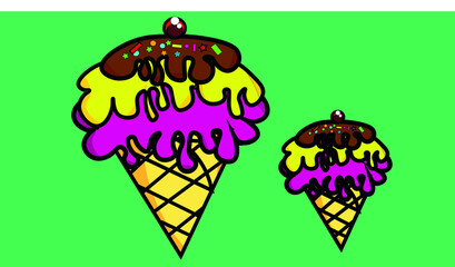 A pair of ice cream in bright cartoon style.Melting ice cream of different flavor in the waffle cone isolated on green background. Comic character in cartoon style logo for T shirts.