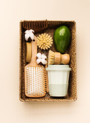 Zero waste and Eco-friendly concept. bathroom and home cleaning accessories in a natural basket top view