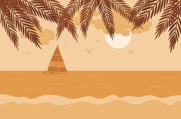Palm tree silhouette, sailboat, sunset sea shore beach stunning scenery. Sundown, beautiful coastal resort landscape for weekend traveling, romantic relaxation, honeymoon trip. Vector illustration