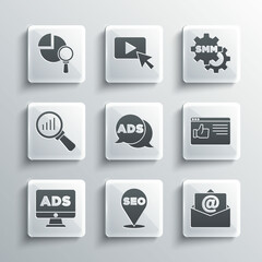 Set SEO optimization, Mail and e-mail, Browser window, Advertising, Magnifying glass analysis, and Social media marketing icon. Vector