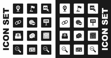 Set Advertising, Chain link, Map pointer with star, Location marker, Browser window and Mail and e-mail icon. Vector