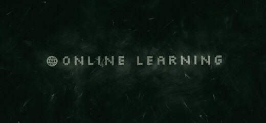 Green chalkboard background with words ‘Online learning’ handwritten in white chalk.