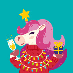 Merry Christmas and Happy new year unicorn with star, glass of champagne, sweater and present. Cute horse with horn and pink mane. Vector illustration for greeting card and other designs.