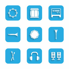 Set Dial knob level, Headphones, Stereo speaker, Clarinet, Drum sticks, Guitar amplifier and Tambourine icon. Vector