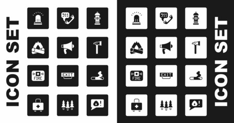 Set Fire hydrant, Megaphone, Campfire, Ringing alarm bell, Firefighter axe, Telephone call 911, Cigarette and system icon. Vector