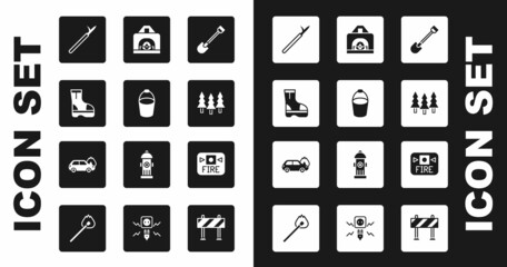 Set Fire shovel, bucket, boots, Metal pike pole, Forest, Interior fireplace, alarm system and Burning car icon. Vector
