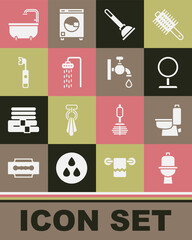 Set Toilet bowl, Round makeup mirror, Rubber plunger, Shower, Electric toothbrush, Bathtub and Water tap icon. Vector