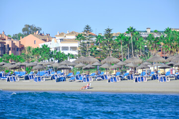 Puerto Banus, Marbella August 30, 2021, Tourists sunbathe on the beach