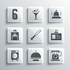 Set Covered with tray, Telephone handset, Identification badge, Knife, Washer, Lift, Please do not disturb and Hotel service bell icon. Vector