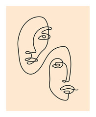 One Line Art Faces Design. Abstract continuous line face art vector template.